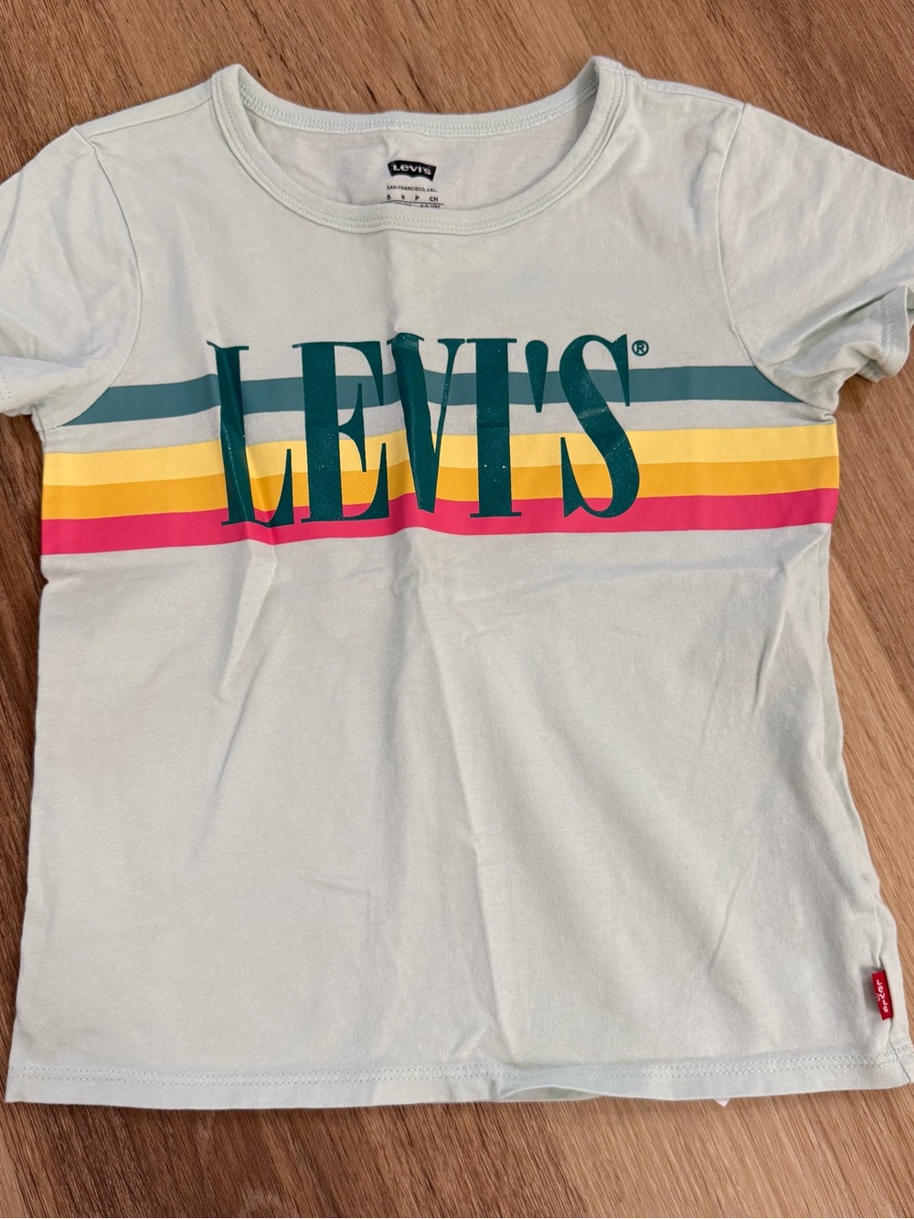 Levi's Pale Blue Tee with Teal Logo and Multicolor Stripes